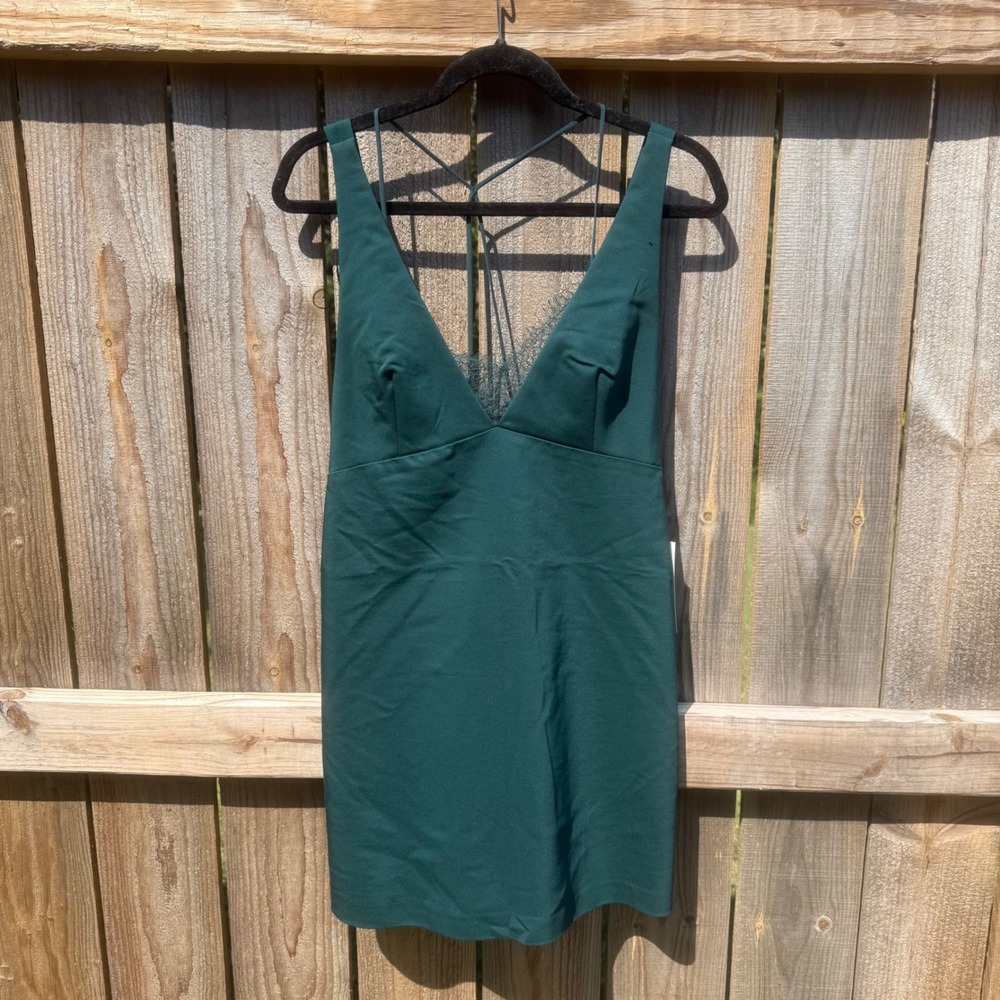 Zara Trafaluc Forest Green Lace Trim V-Neck Mini Dress Open Back NWT Size Large